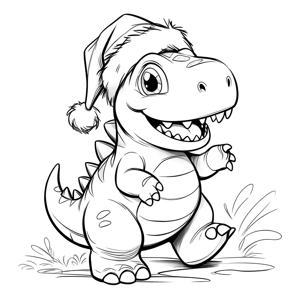 Ein kleiner Dinosaurier mit Weihnachtsmütze hebt fröhlich die Vorderkrallen, Schwanz hochgestellt