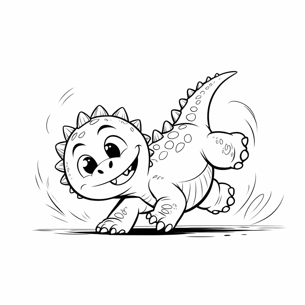 Ein rundliches kleines Dinosaurierchen macht fröhlich eine Vorwärtsrolle, mit ausgebreiteten Gliedmaßen und hochgestelltem Schwanz