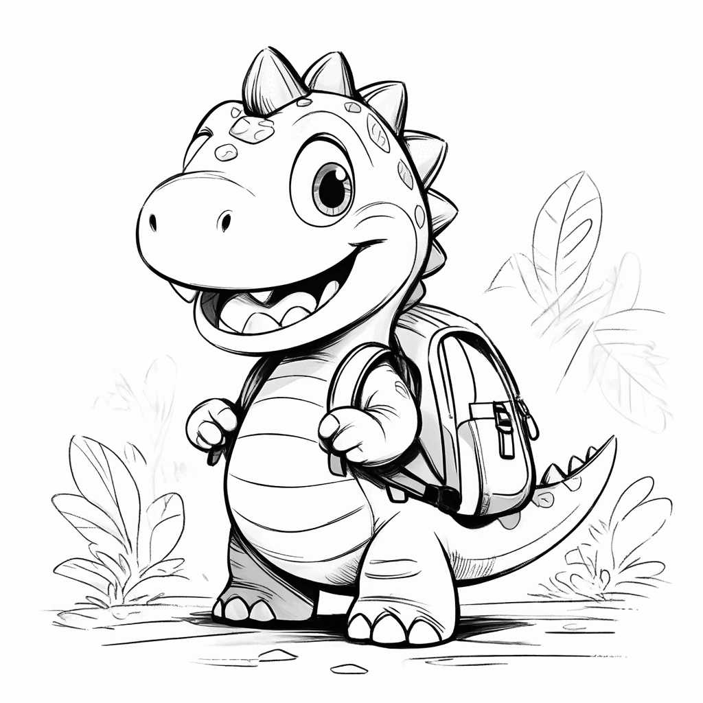 Un petit dinosaure avec un sac à dos, joyeux et prêt à aller à l'école