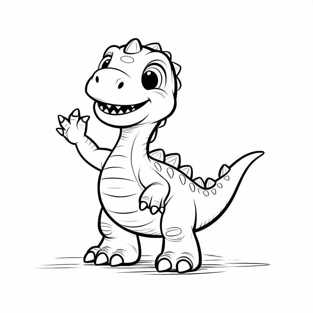 Ein lächelndes Dinosaurierchen hebt die Vorderpfoten zum Winken, mit leicht aufgestelltem Schwanz