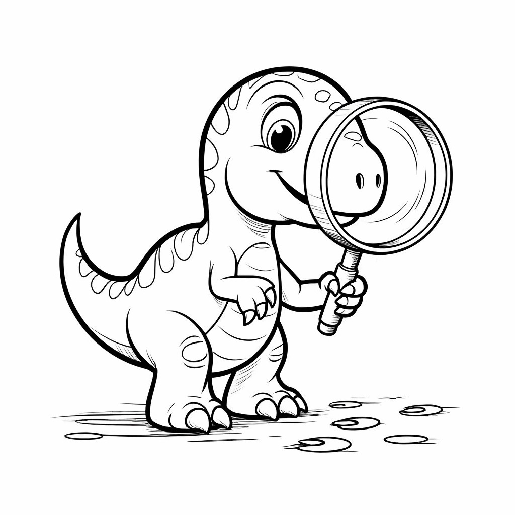 Ein kleiner Dinosaurier hält eine Lupe und untersucht aufmerksam Fußspuren auf dem Boden