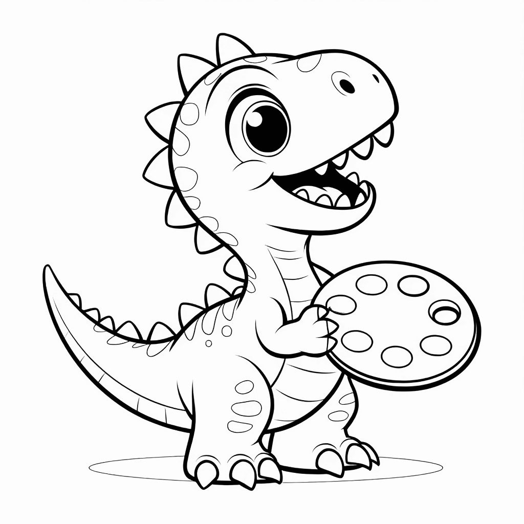Der kleine Dinosaurier hält mit beiden Pfoten eine Farbpalette, sein Schwanz steht fröhlich in die Höhe, und er grinst breit