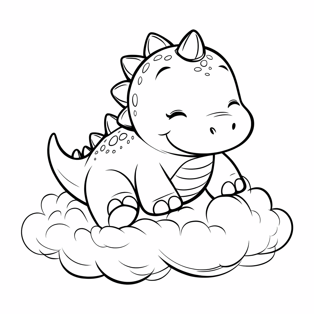 Ein kleiner Dinosaurier liegt entspannt auf einer flauschigen Wolke, der Schwanz hängt natürlich herab