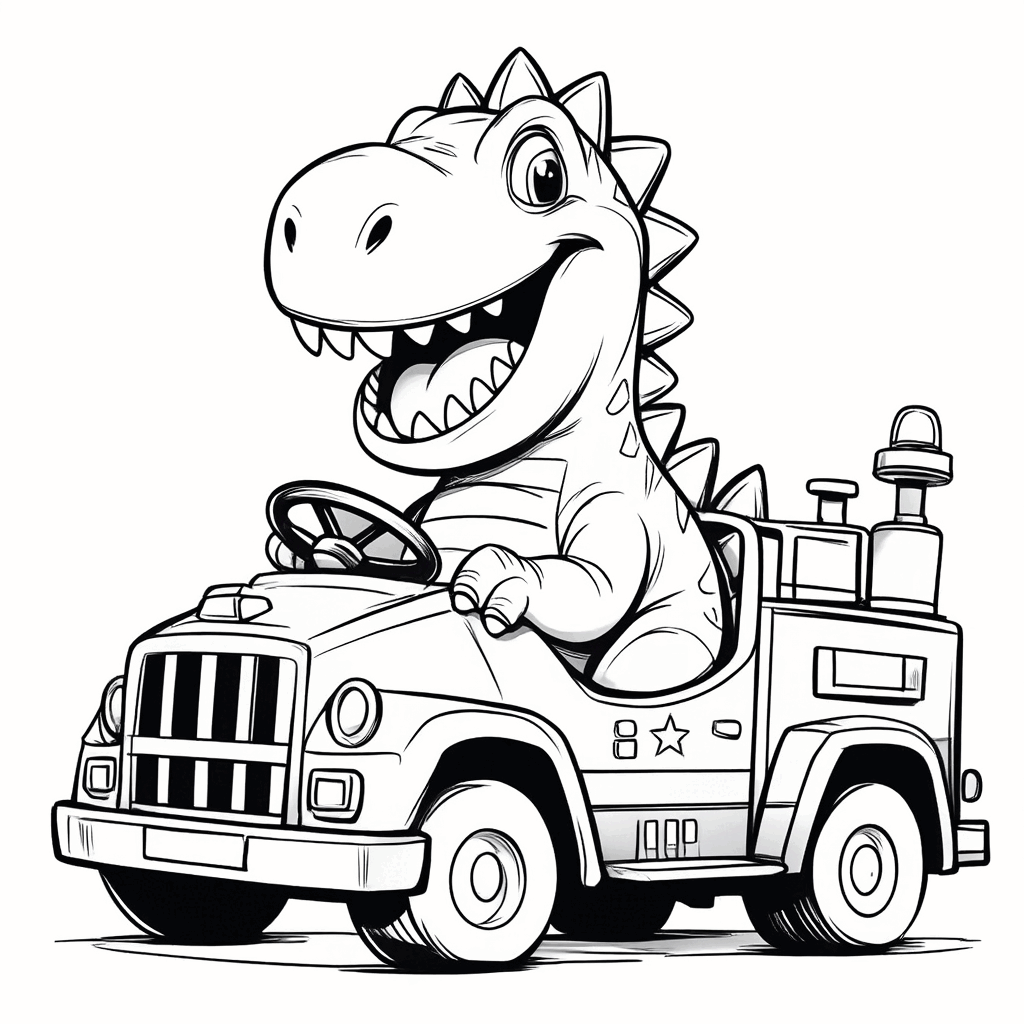 Der kleine Dinosaurier sitzt glücklich in einem Spielzeug-Feuerwehrauto, die Krallen umfassen das Steuerrad