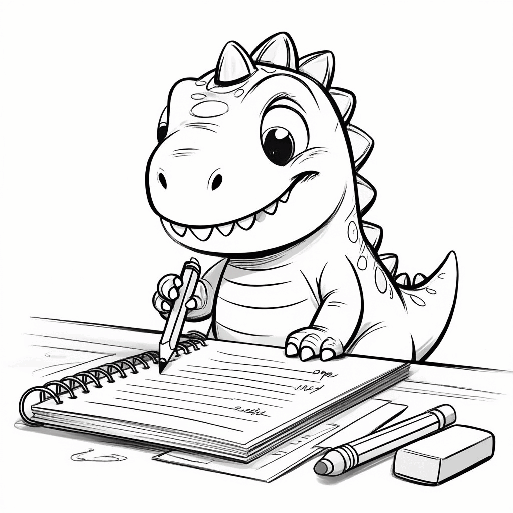 Der kleine Dinosaurier hält einen Bleistift und steht konzentriert am Tisch, um eine Einkaufsliste zu schreiben
