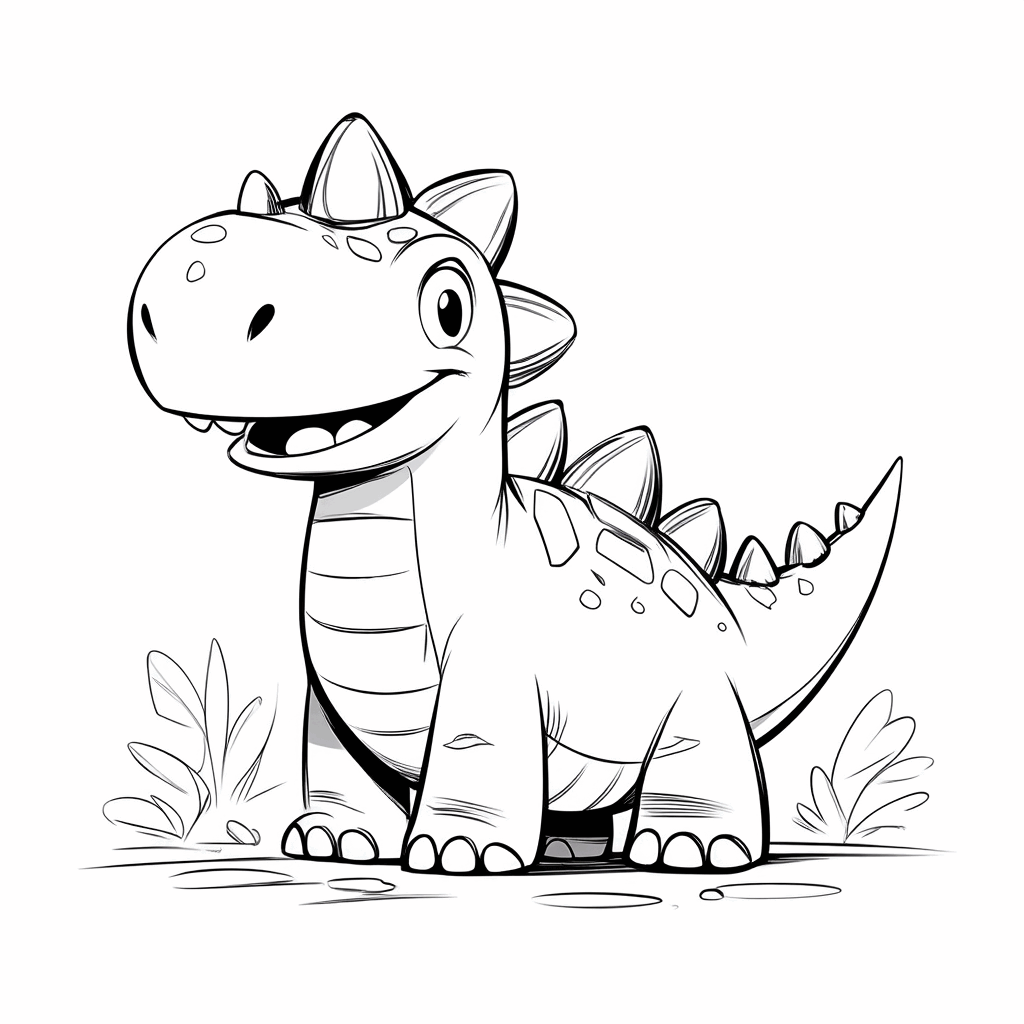 Der kleine Dinosaurier steht seitlich, mit gezacktem Rückenkamm, leicht aufgestelltem Schwanz und einem glücklichen Gesichtsausdruck