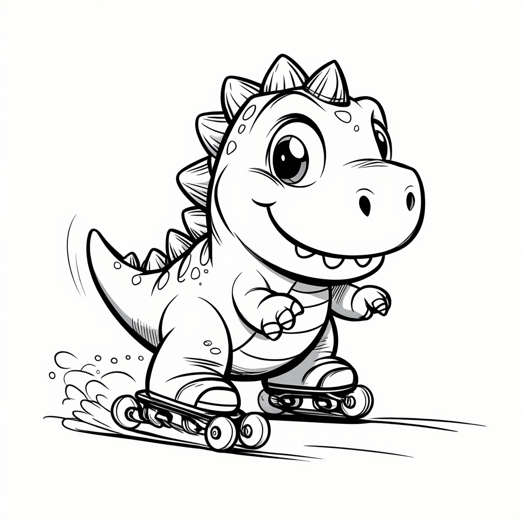 Un pequeño dinosaurio con patines de cuatro ruedas, levantando las patas delanteras mientras patina rápido