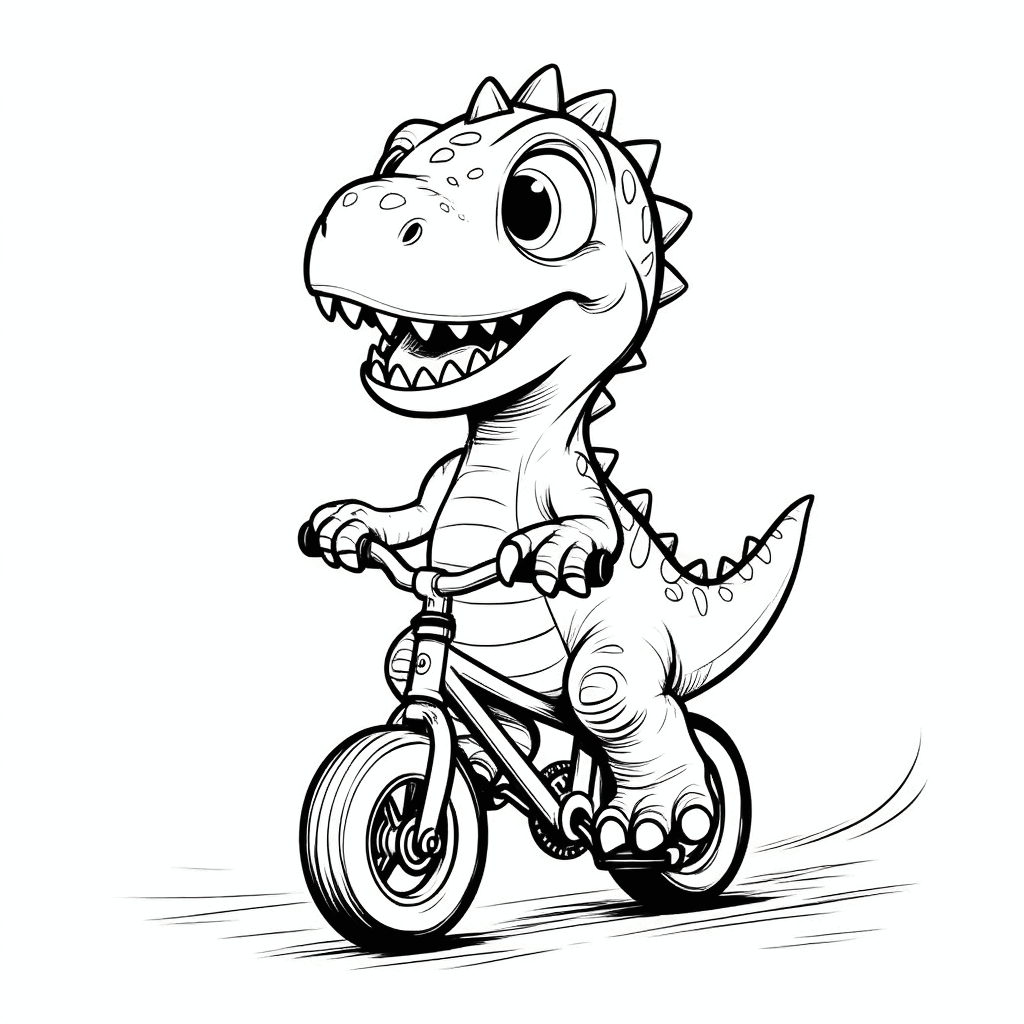 Ein lächelndes Dinosaurierchen hält mit den Vorderpfoten die Lenkstange eines kleinen Fahrrads, während die Hinterbeine die Pedale treten