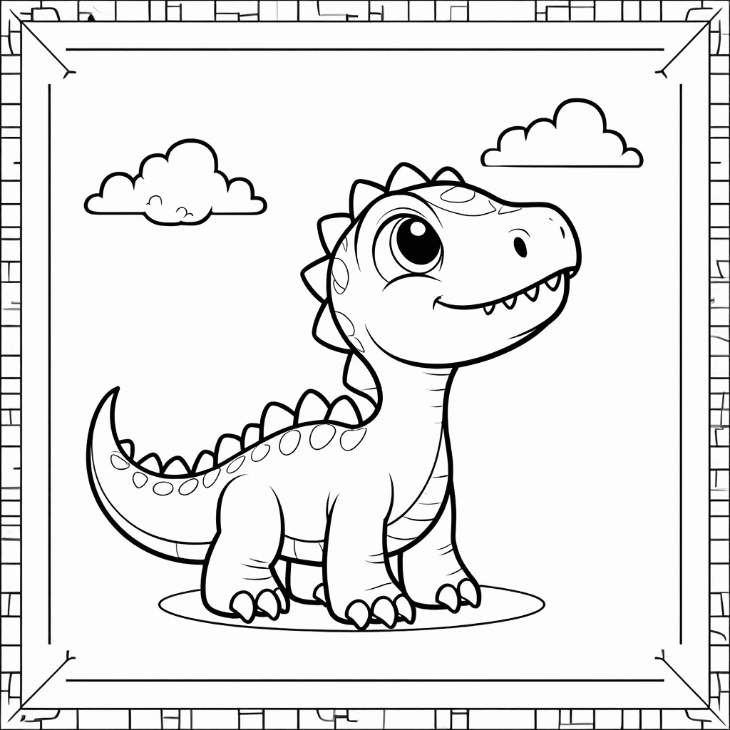 Ein kleiner Dinosaurier blickt zu den Wolken am Himmel empor, der Schwanz ist leicht erhoben