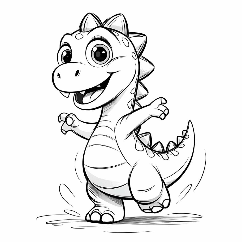 Un petit dinosaure qui danse joyeusement, avec un corps bien rond, des petites pattes avant, la queue dressée et un grand sourire