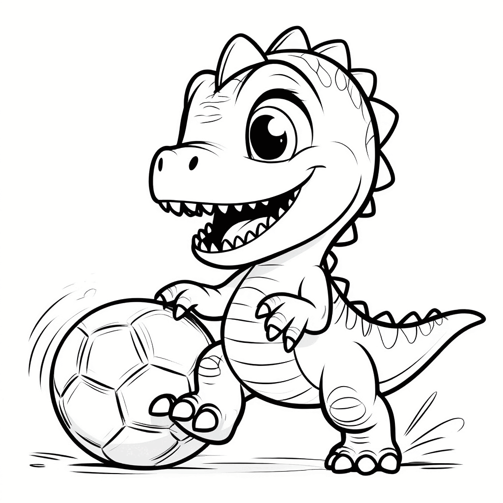 Der kleine Dinosaurier hebt seinen rechten Fuß, um Fußball zu schießen, sein Schwanz ist aufgestellt, um das Gleichgewicht zu halten