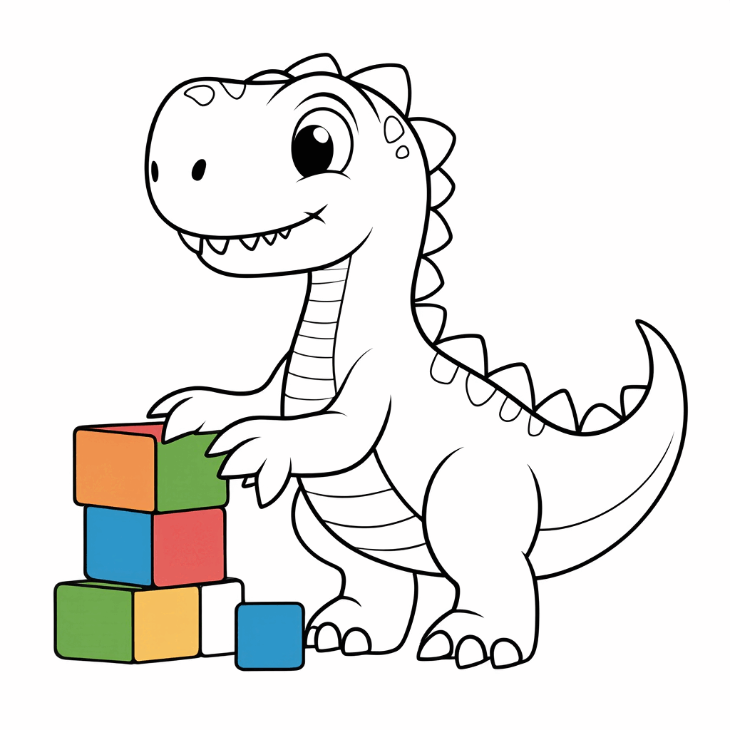 Le petit dinosaure arrange des cubes colorés avec ses pattes avant, la queue dressée, l'air concentré