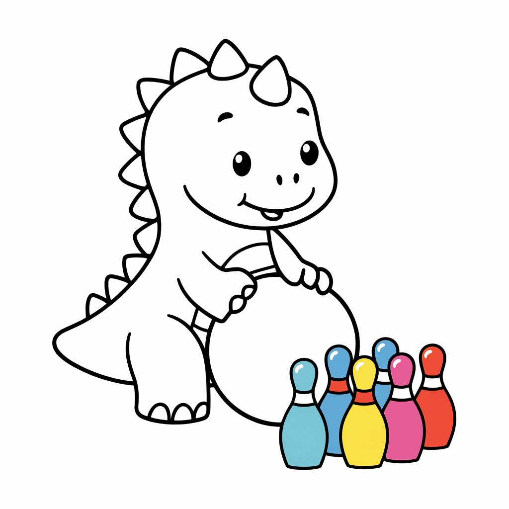 Ein kleiner Dinosaurier rollt mit den Vorderpfoten einen Ball und stößt gegen bunte Mini-Bowlingkegel
