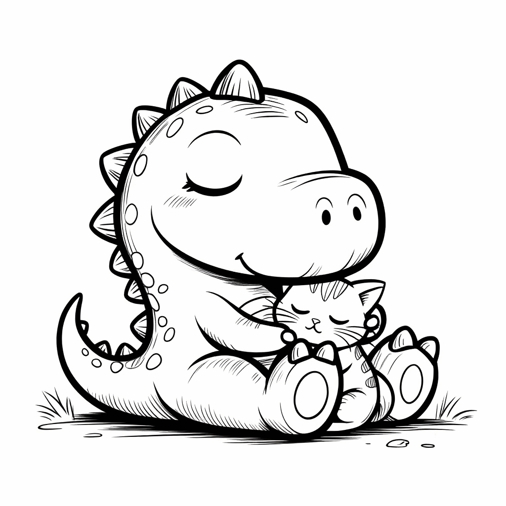 Um mini dinossauro se encolhe, abraçando gentilmente um gatinho filhote