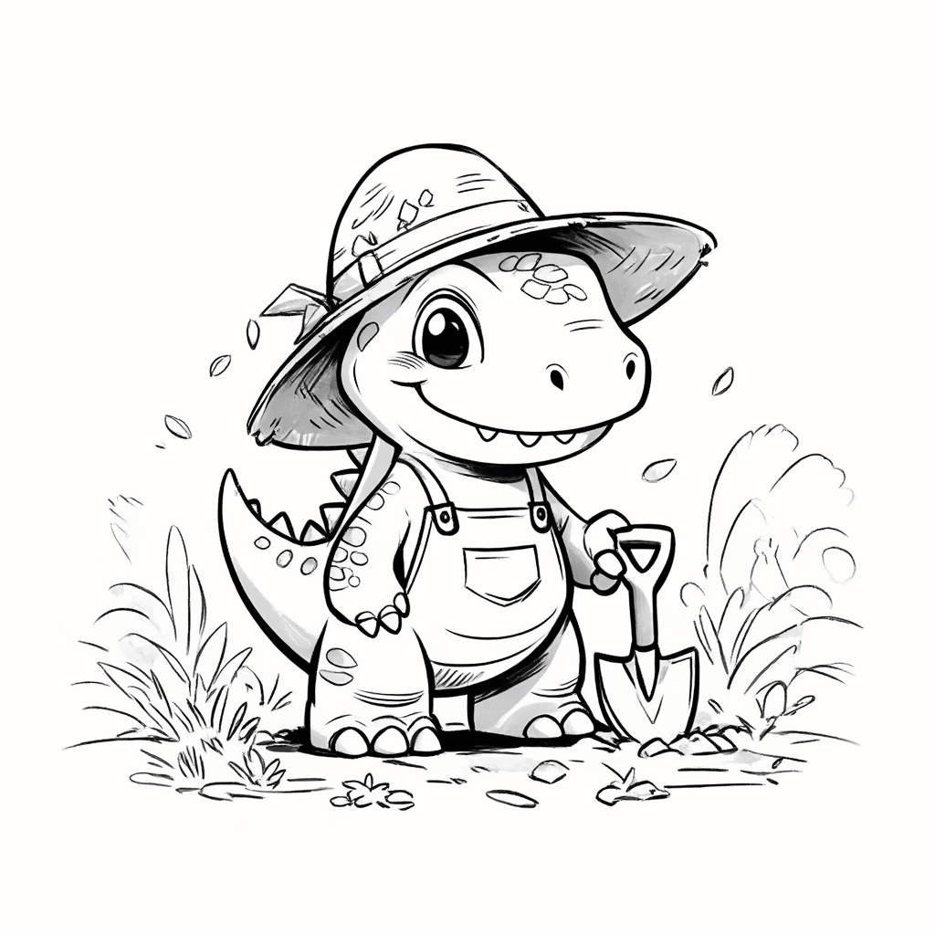 Der kleine Dinosaurier trägt einen Strohhut und eine Latzhose und steht mit einer kleinen Schaufel auf dem Feld