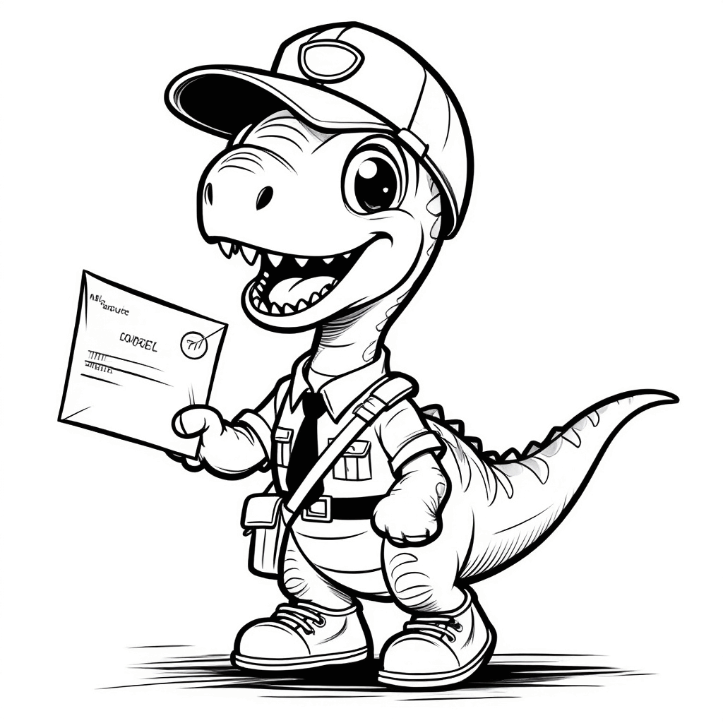 Le petit dinosaure en uniforme de facteur, avec un sac postal, brandissant joyeusement une lettre