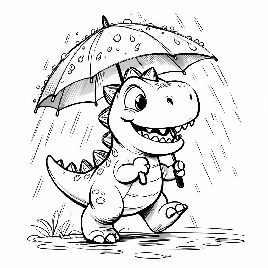 Der Mini-Dinosaurier rennt glücklich mit einem kleinen Regenschirm durch den Regen