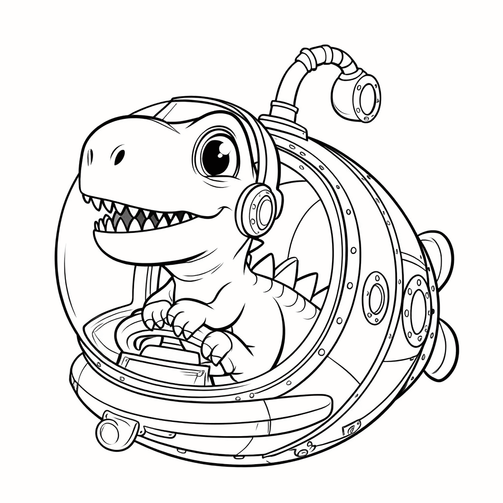 Ein kleiner Dinosaurier mit Taucherbrille schaut neugierig aus einem Mini-U-Boot heraus