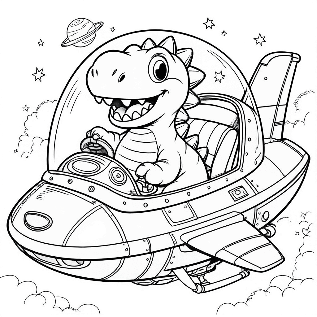 Un pequeño dinosaurio en la cabina de una nave espacial, agarrando el joystick y mirando emocionado al frente