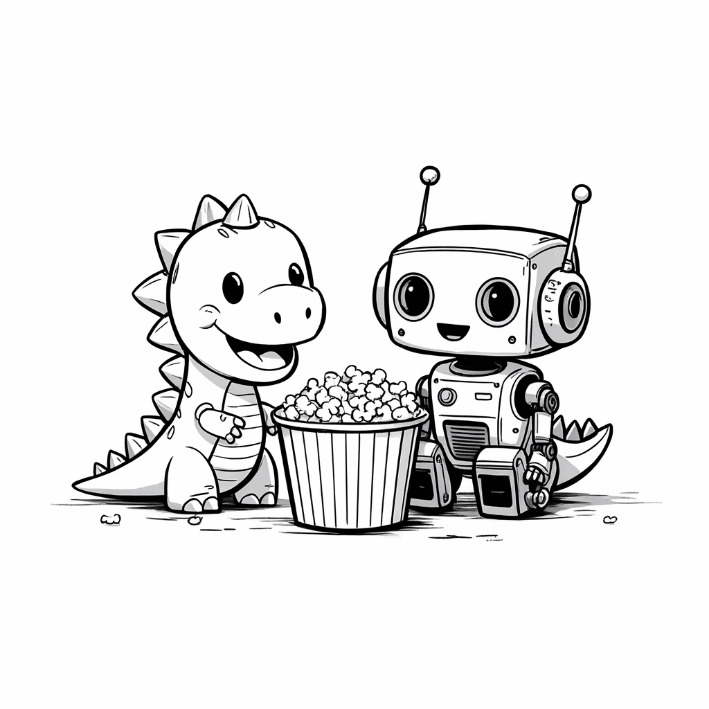 Mini-Dinosaurier und Roboter sitzen Seite an Seite und teilen fröhlich einen Popcorn-Eimer