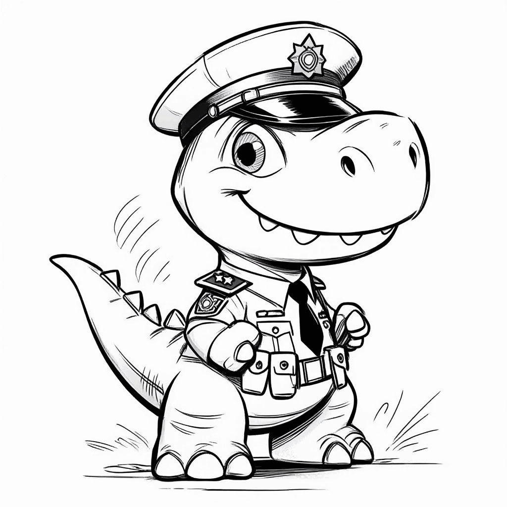 Der kleine Dinosaurier trägt ein Polizeiabzeichen, steht aufrecht mit erhobenem Schwanz und einem entschlossenen Gesichtsausdruck