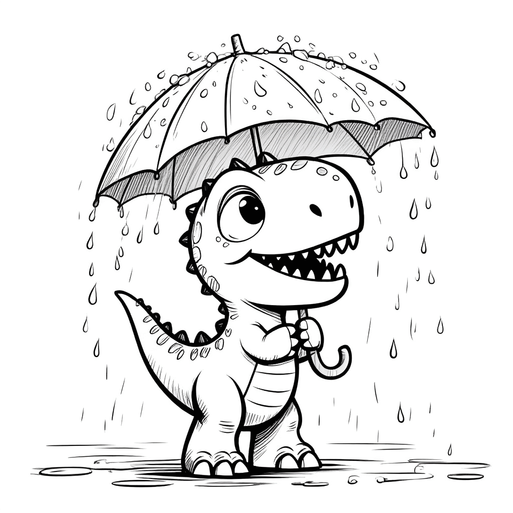 Dinosaurus kecil memegang payung daun, dengan gembira berdiri di tengah hujan, ekor terangkat